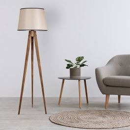 Opviq Lámpara de Pie de Madera con Pantalla de Tela Marrón